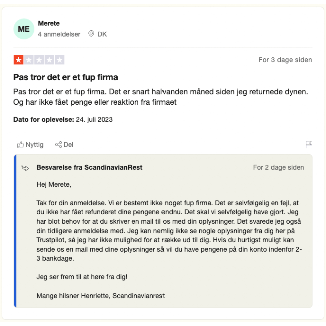 scandinavian rest trustpilot dårlig anmeldelse 2