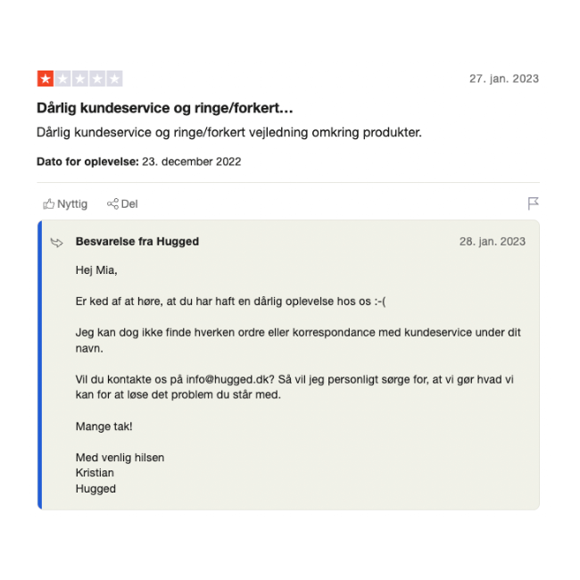 hugged trustpilot negativ udtalelse 1
