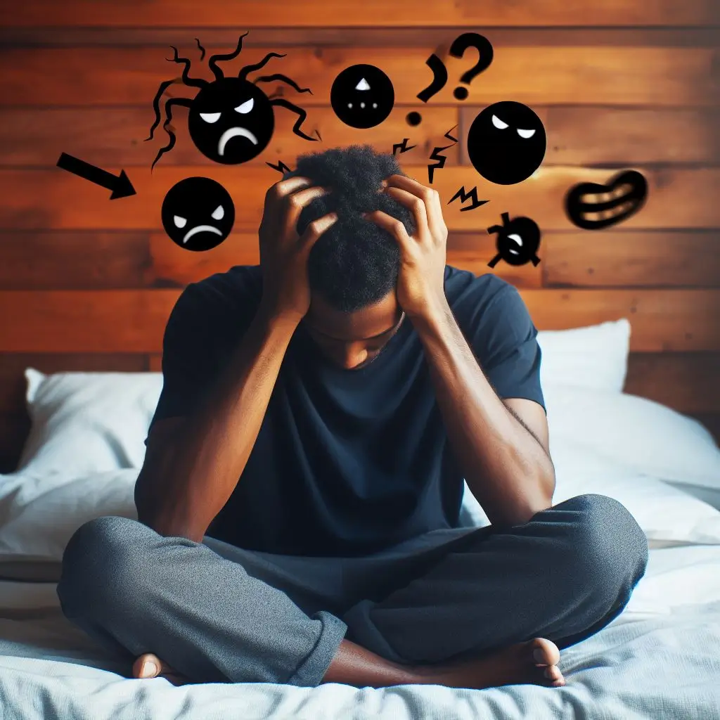 mand med stress symptomer sidder på hans seng og holder sig til hoved