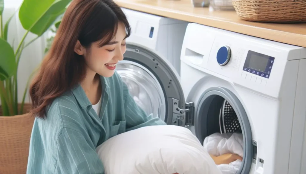 kvinde sidder og vasker en hovedpude og dyne i vaskemaskine