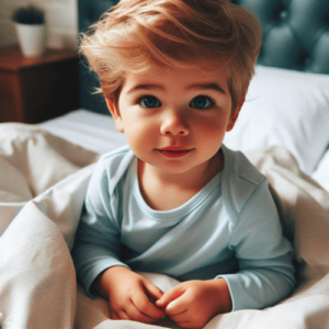 2 årig dreng sidder i sengen med en dyne omkring sig