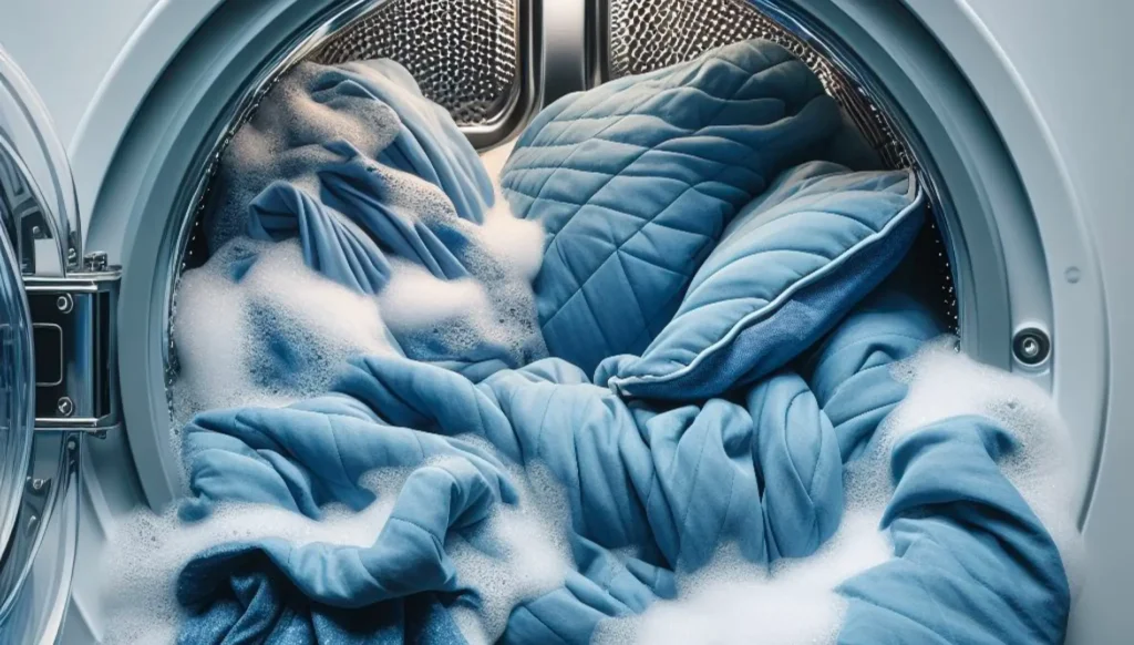 en temperaturregulerende dyne i vaskemaskinen med sæbe