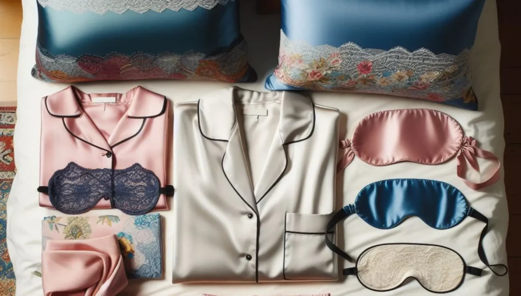 forskellige silkeprodukter der ligger på en seng med silkelagner