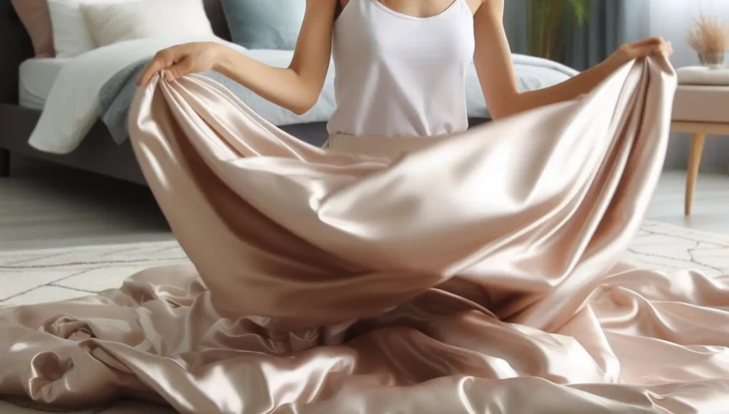 kvinde ryster sin silkedyne inde på sit soveværelse