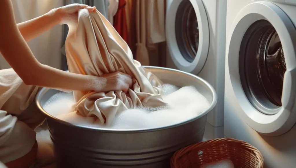 kvinde vasker en silkedyne i en balje med koldt vand